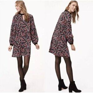Loft Floral Berry Women’s Dress Size M Velvet Trim Keyhole Cut Out Long Sleeve